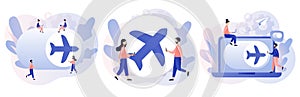 Airplane mode concept. Flight mode on phone or laptop. Info notification in air plane. Modern flat cartoon style. Vector