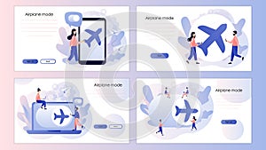 Airplane mode concept. Flight mode on phone or laptop. Info notification in air plane. Screen template for landing page