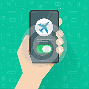 Airplane mode switched on phone and person man hand vector, air plane cellphone smartphone notice, cellular telephone flight info