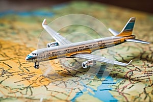 Airplane model on the map paper, travel concept