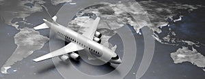 Airplane model on world map background. 3d illustration