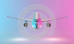 Airplane in neon pink-blue light. 3d rendering