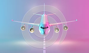 Airplane in neon pink-blue light. 3d rendering