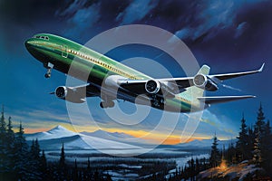 Airplane in the night sky flying over the northern landscape with mountains and forest. The concept of travel, vacation, trip far
