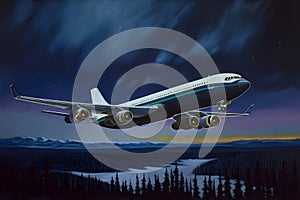 Airplane in the night sky flying over northern landscape at night with crescent moon, mountains, ocean and forest. The concept of