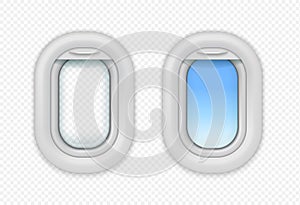 Airplane open windows. Realistic aircraft porthole. Vector isolated realistic aircraft illuminator photo