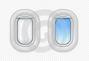 Airplane open windows. Realistic aircraft porthole. Vector isolated realistic aircraft illuminator