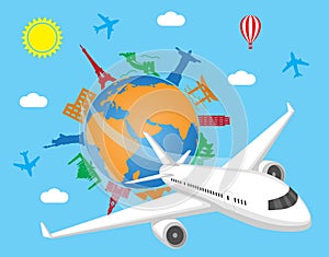 Airplane over globe with famous showplaces. vector image