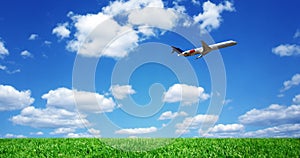 Airplane over grassy field