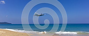 airplane over the sea will landing at Phuket International Airport, Thailand