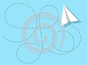 Airplane paper acrobatic trajectory blue clear solid color sky isolated