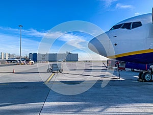 airplane parked at the airport.  fueling and service.