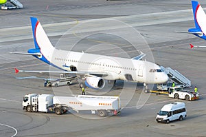 Airplane parking airport during service before the flight