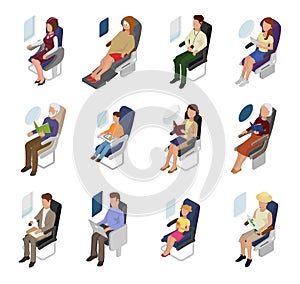 Airplane passenger vector people businessman woman character sitting in plane near window illustration flight set of