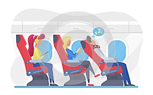 Airplane passengers in economy class flat vector illustration