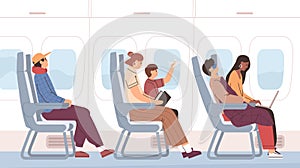 Airplane passengers sitting on chairs in plane cabin during air flight. Side view of people on seats traveling by