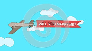 Airplane is passing through the clouds with `Will You Marry Me?` banner - Seamless loop