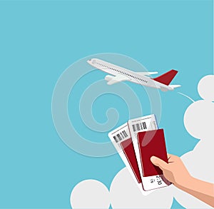 Airplane, passport, flight tickets in hand, travel, fly. Vector illustration, copy space