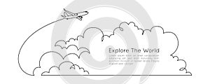 Airplane path in clouds in the sky in One Continuous line drawing. Business Concept of world travel and international