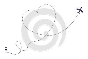 Love airplane dotted line path. Air plane route in heart form, hearted aircraft way. Vector photo