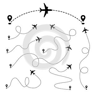 Airplane paths. Plane dashed tracing line from point. Vector set