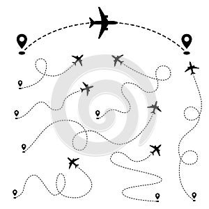 Airplane paths. Plane dashed tracing line from point. Vector set photo