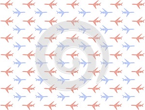 Airplane pattern set many mini silhouettes icons blue red movement series right left background transport background web design