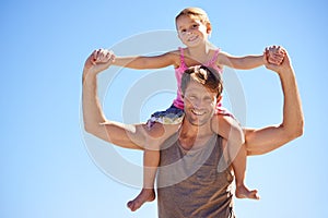 Airplane, piggyback or father with daughter portrait at a beach for travel, fun or bonding in nature. Love, support dad