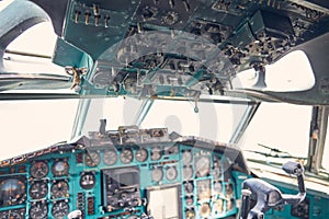 Airplane of pilot cockpit with center control panels