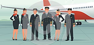 Airplane pilots, flight attendants, airline employees. The crew on the background of a passenger plane. Stewardesses and flight