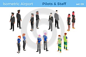 Airplane pilots stewardess air hostess Airport Staff Security isometric people vector illustration set