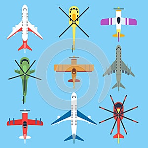 Airplane, plane, helicopter, jet top view flat vector icons