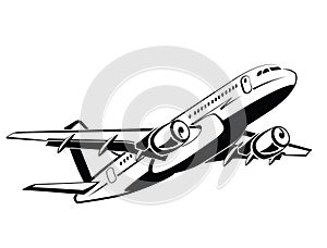 Airplane, plane on takeoff, passenger plane. Airlines. Airport and travel transport. Business and economy class. Symbol