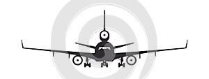 Airplane. Plane with three engines. Airplane silhouette front view. Flight transport symbol. Vector image