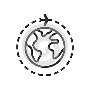 Airplane with planet or globe black vector icon. Around the world trip.