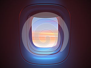 Airplane porthole in the evening ambient atmosphere with clouds sunset visible through window. In pink blue color scheme