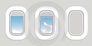 Airplane porthole. Open and closed airplane window. Vector, cartoon illustration