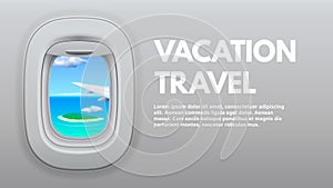 Airplane porthole view. Travel aircraft wing in window, traveler air plane and vacation traveling concept vector