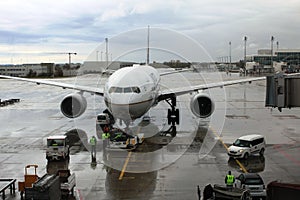 Airplane prepared for departure at the airport of Munich, Germany