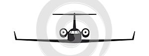 Airplane. Private jet. Airplane silhouette front view. Flight transport symbol. Vector image
