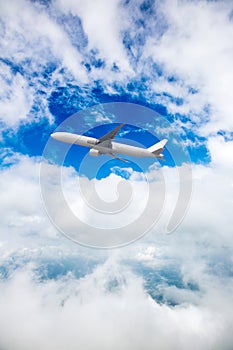 Airplane with propellers flying in blue sky. Commercial aircraft with propellers