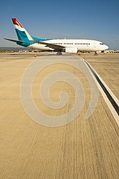 Airplane queuing on runway for takeoff