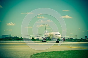 Airplane ready to take off from runway