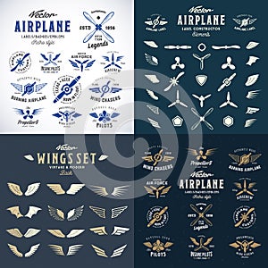 Airplane Retro Labels Construction Bundle. Plane Propellers Logos Set with Wings Symbols, Shields Icons and Decorative