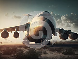 Airplane and road with motion blur effect at sunset. Landscape with passenger airplane is flying over the asphalt road