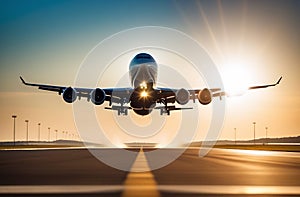 Airplane and road with motion blur effect at sunset. Landscape with passenger airplane is flying over the asphalt road