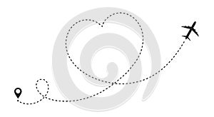 Airplane route in heart shape. Romantic travel concept. Travel and tourism concept, background with start point