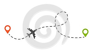 Airplane route. Isolated plane or aircraft dotted trail vector illustration