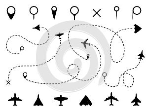 Airplane route. Plane trace line, aeroplanes pathways flight lines, planning routes travels pointers traffic track path