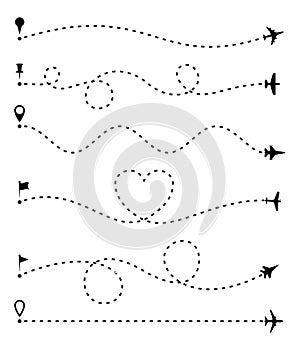 Airplane route set, dashed line trace and plane routes isolated on white. Plane line path, Aircrafts and pins symbols photo